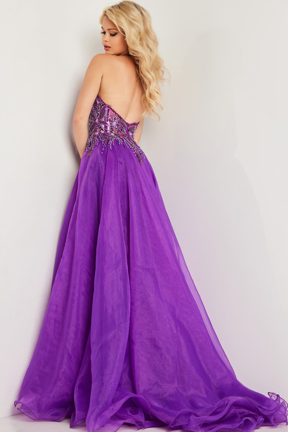 Jovani 25964 Purple A-line prom dress with beaded bodice and open back view.