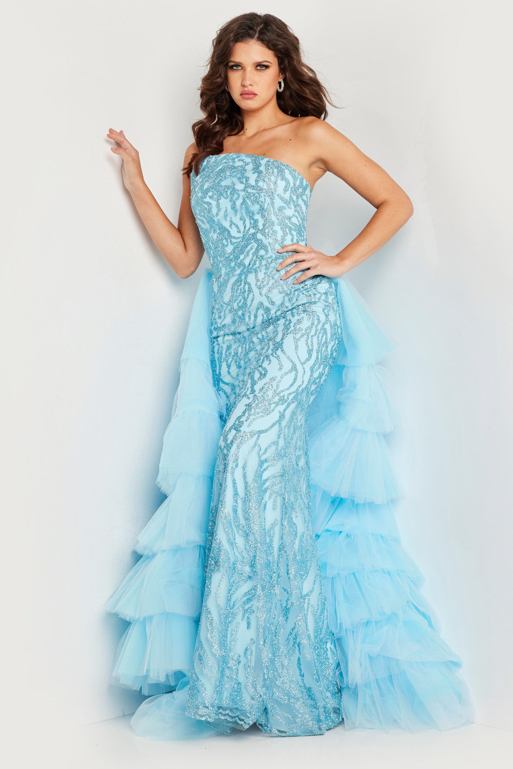 Jovani 26119 Turquoise mermaid prom dress with sequins and layered tulle skirt, front view.