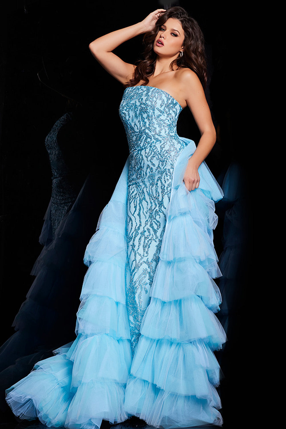 Jovani 26119 Turquoise mermaid prom dress with intricate beading and layered tulle skirt.
