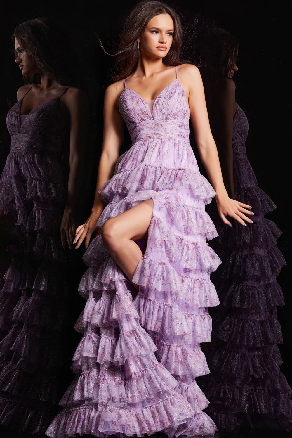 Jovani 36571 Lilac prom dress with ruffled layers and a thigh-high slit, front view.