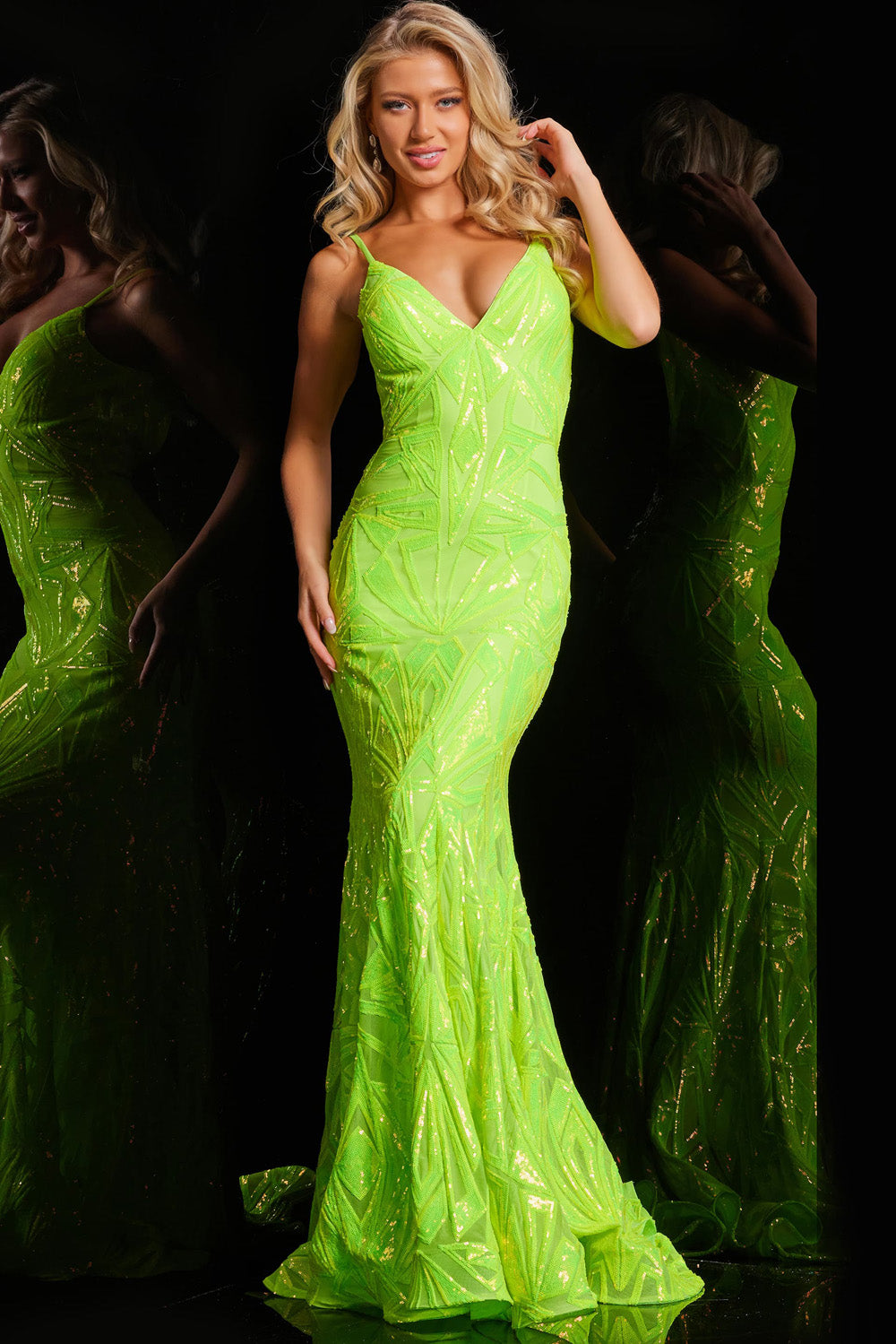 Jovani 36656 Neon green mermaid prom dress with stunning sequins, front view.