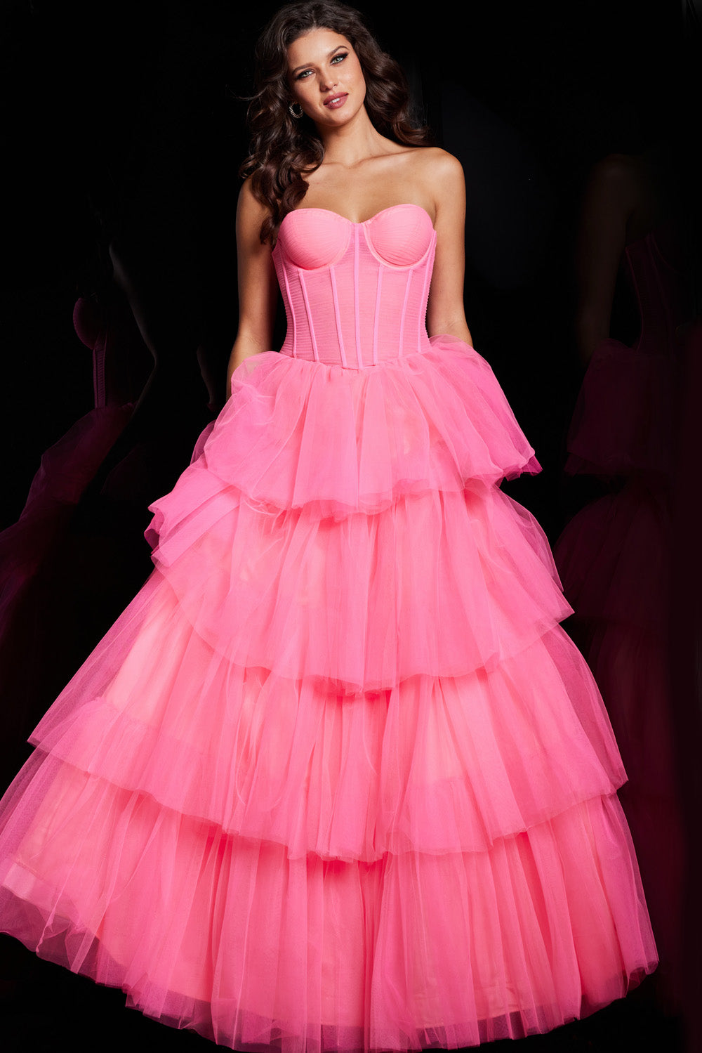 Jovani 37062 Hot pink prom dress with a tiered tulle skirt and a fitted corset bodice.