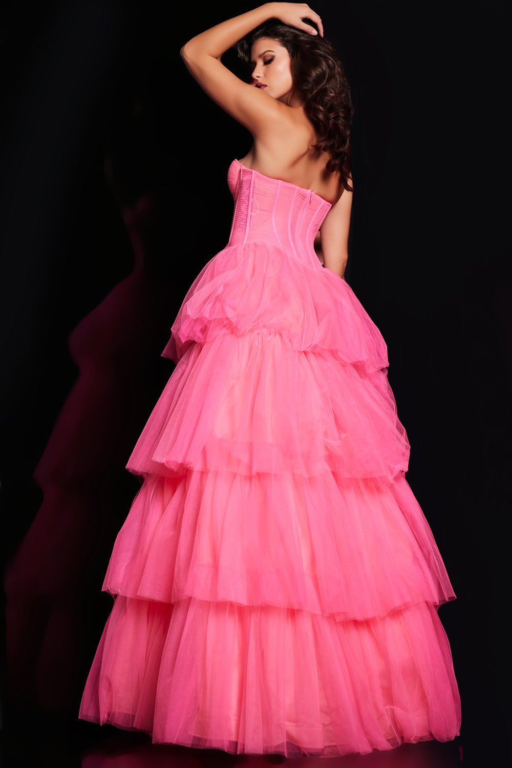 Jovani 37062 Hot pink ballgown with layered tulle and a corset back, perfect for prom prom dress.