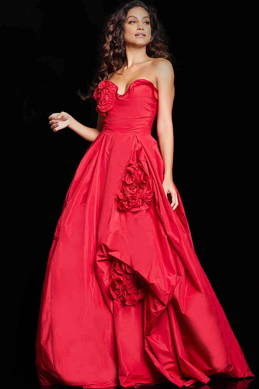 Jovani 37266 Red ballgown with floral accents and sweetheart neckline, perfect for prom prom dress.