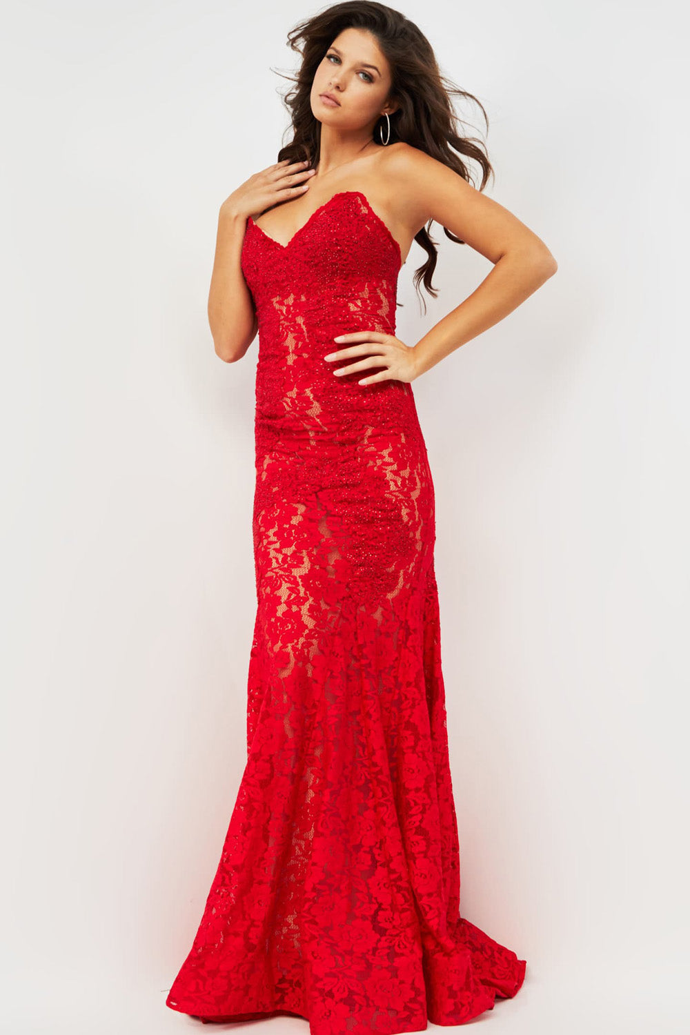 Jovani 37334 Red mermaid prom dress with intricate lace and beading, front view.