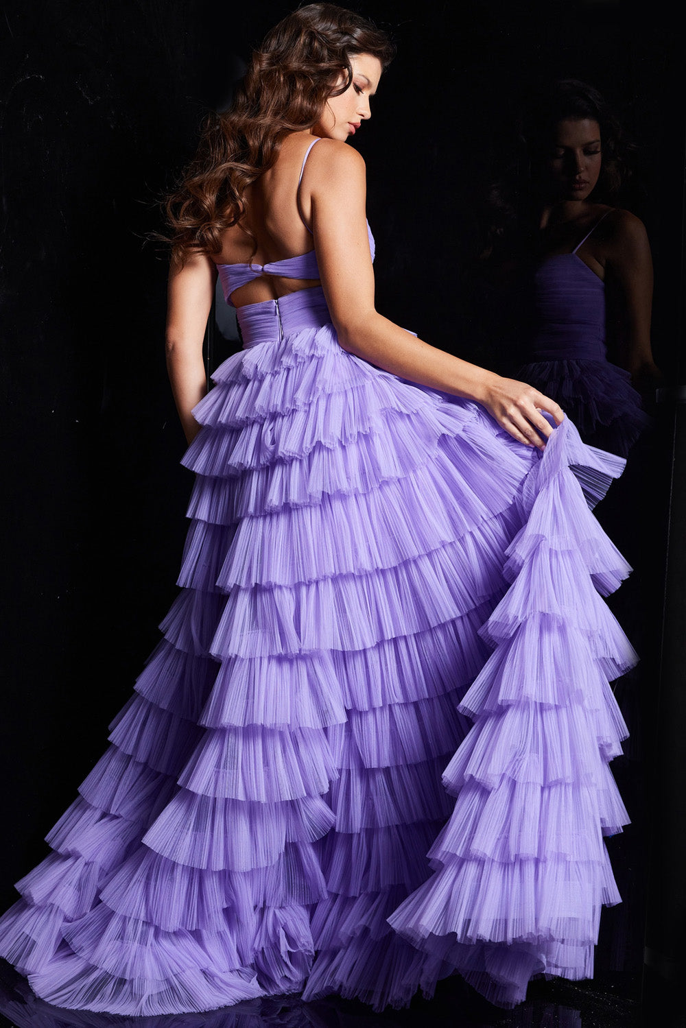 Jovani 38290 Lilac tiered prom dress with a fitted bodice and flowing ruffled skirt, back view.