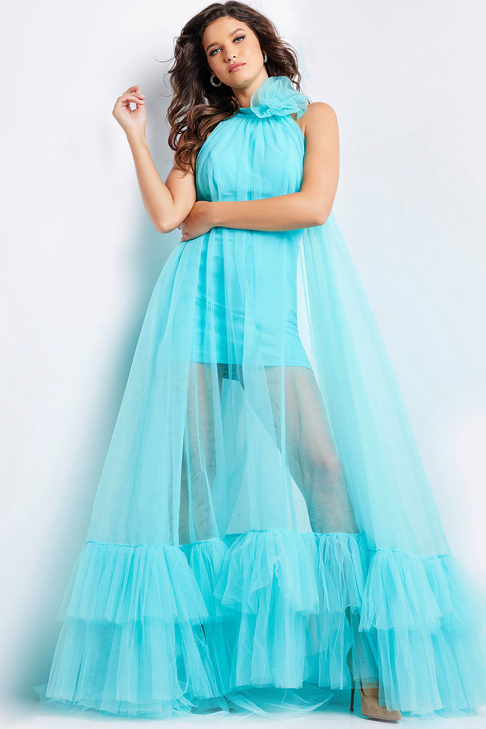 Jovani 38720 Turquoise prom dress with a fitted silhouette and ruffled tulle overlay.