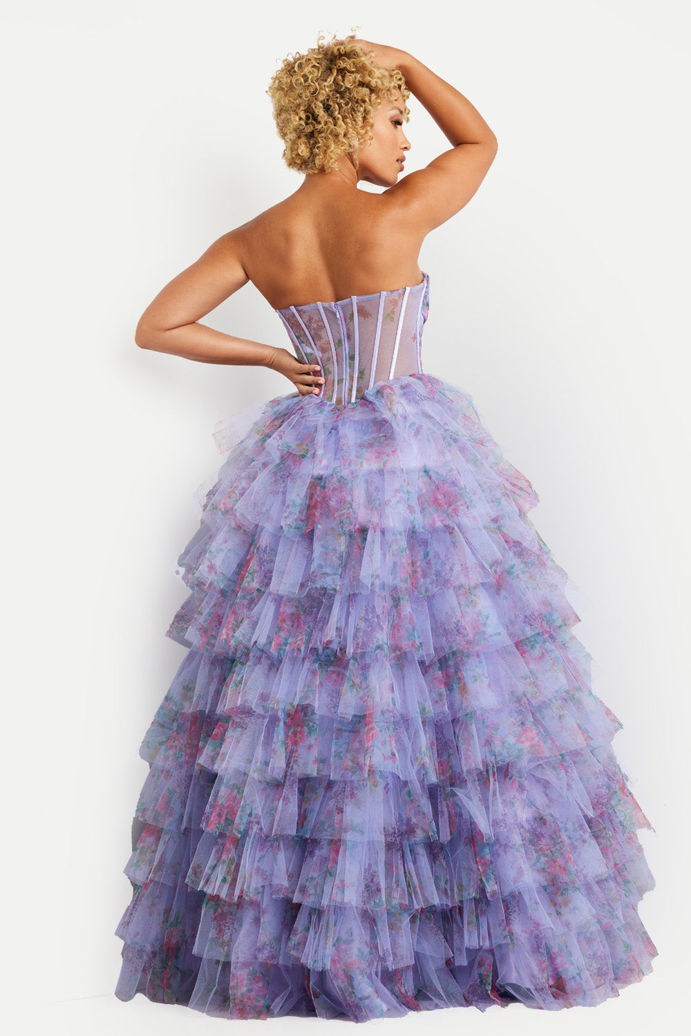 Jovani 39149 Lilac ballgown with layered tulle and a lace-up back, back view prom dress.