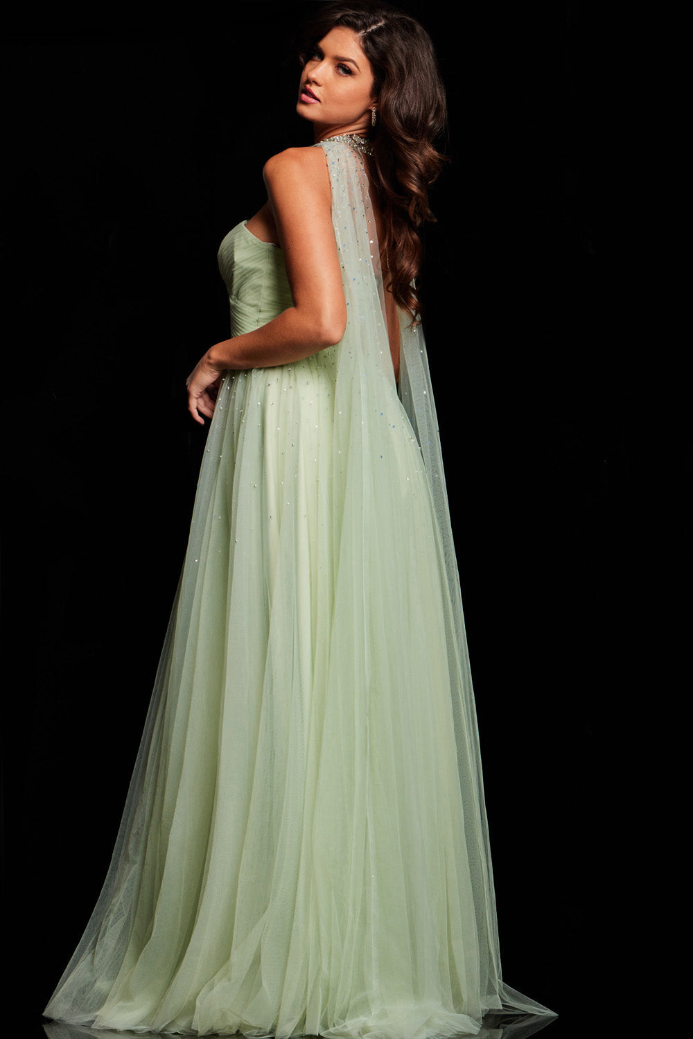 Jovani 39307 Mint A-line prom dress with a stunning beaded cape and open back view.