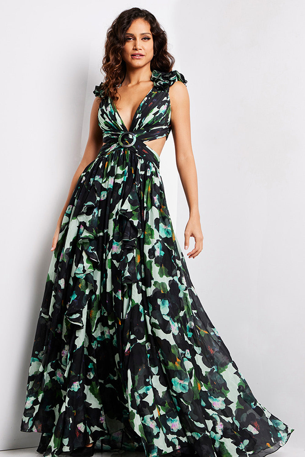 Jovani 39420 Multi-colored prom dress with a plunging neckline and ruffled skirt.