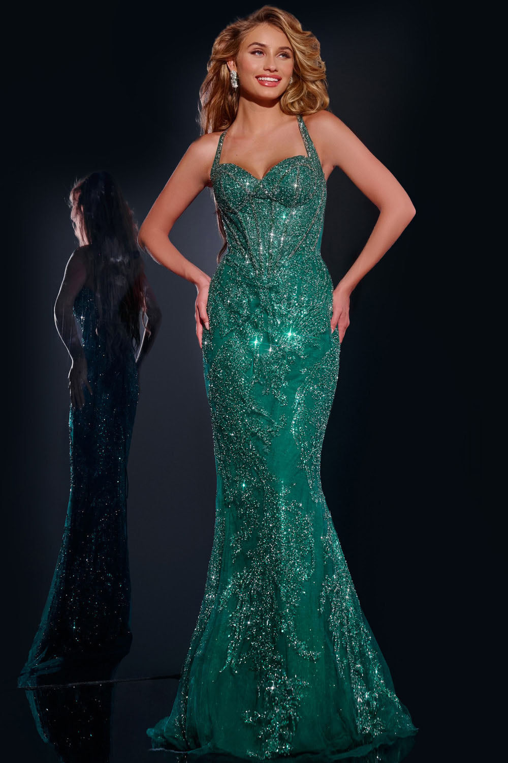 Jovani 40470 prom dress images.  Jovani 40470 is available in these colors: Emerald, Silver Nude, Dark Blue.