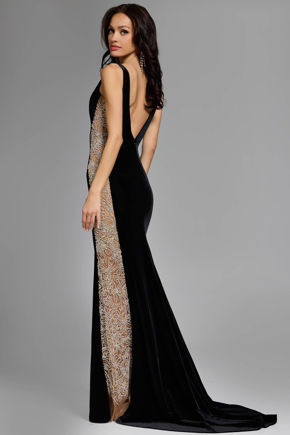 Jovani 42026 Black mermaid prom dress with beaded side detail, featuring a low back view.