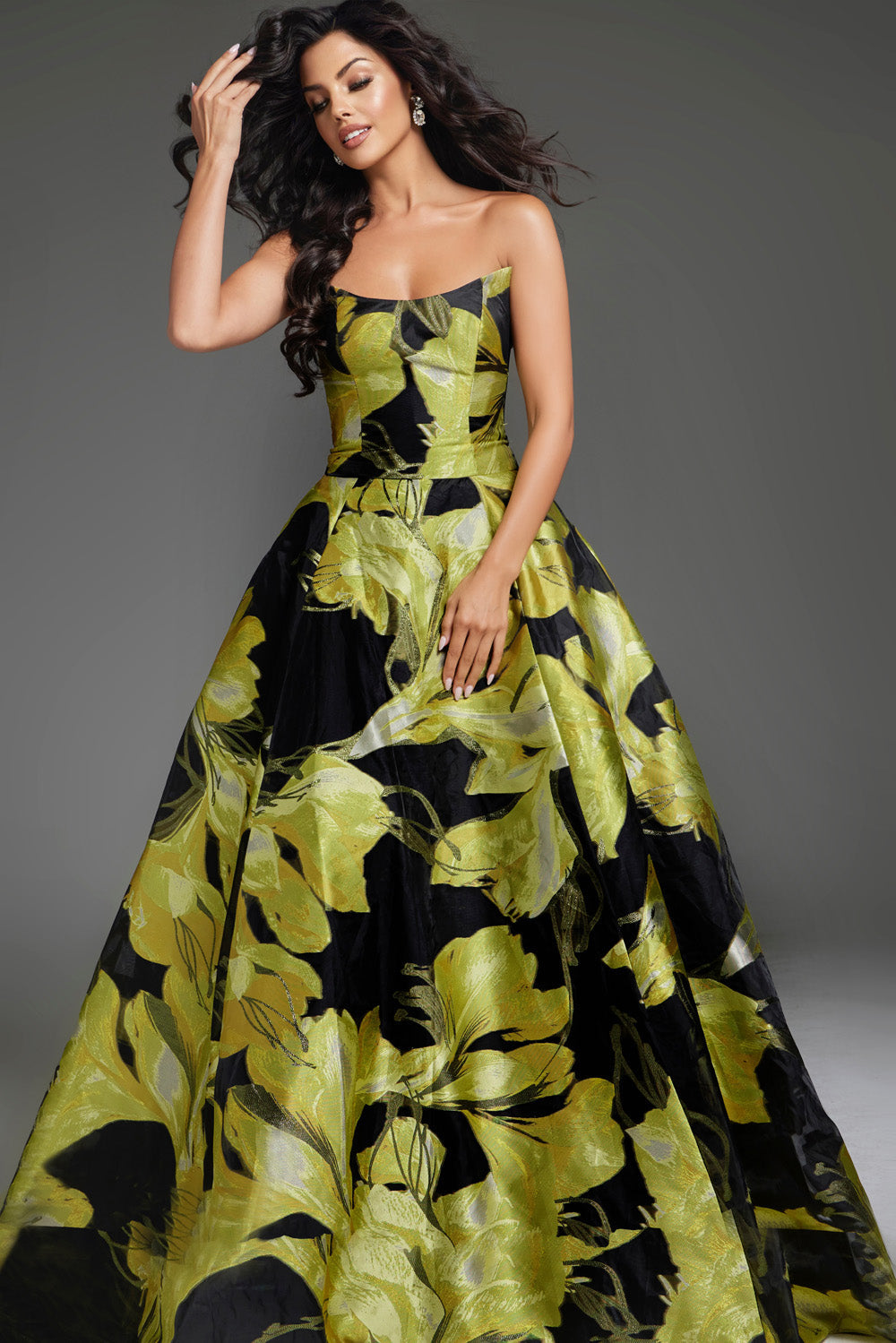 Jovani 42435 Yellow and black floral ballgown with a fitted bodice and full skirt, front view prom dress.