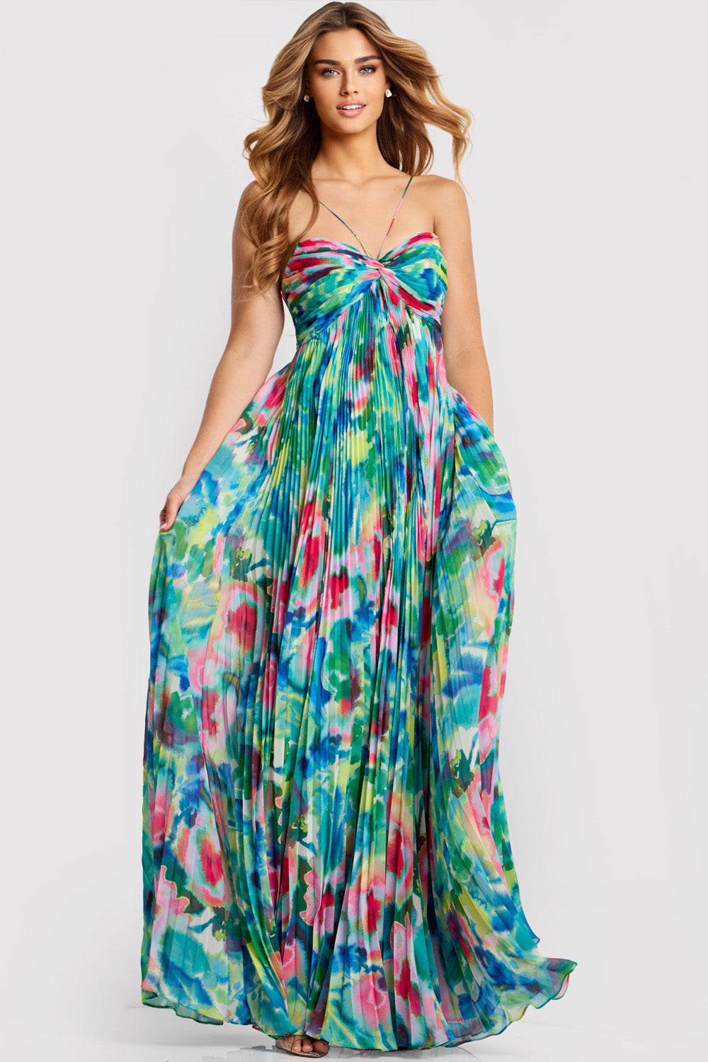 Jovani 42558 Colorful floral print A-line prom dress with pleated skirt and spaghetti straps.