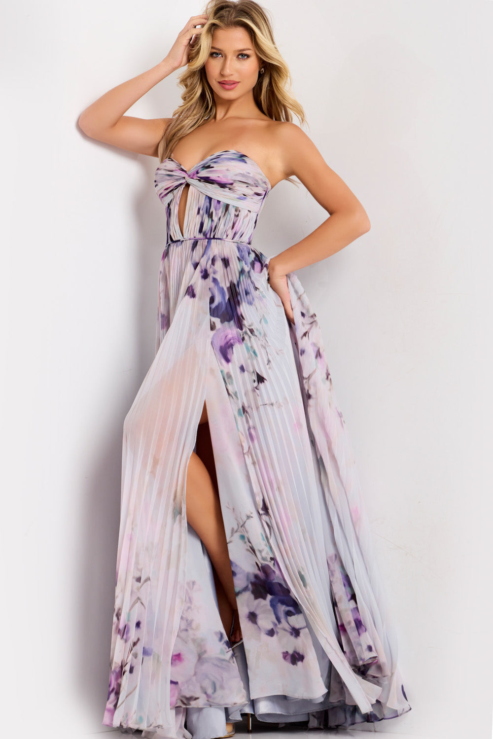 Jovani 42564 Strapless floral print prom dress with a high slit and pleated skirt.