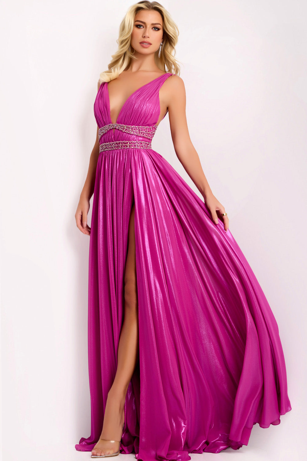 Jovani 42817 Fuchsia prom dress with a mermaid silhouette and a high slit, front view.