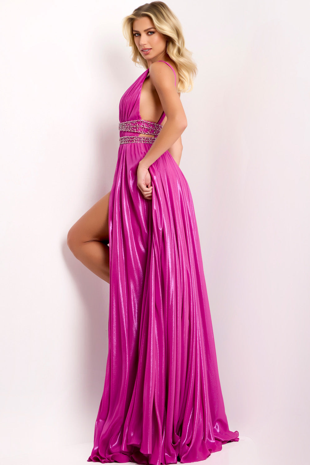 Jovani 42817 Fuchsia prom dress with a fitted silhouette and side slit, featuring beaded detailing.