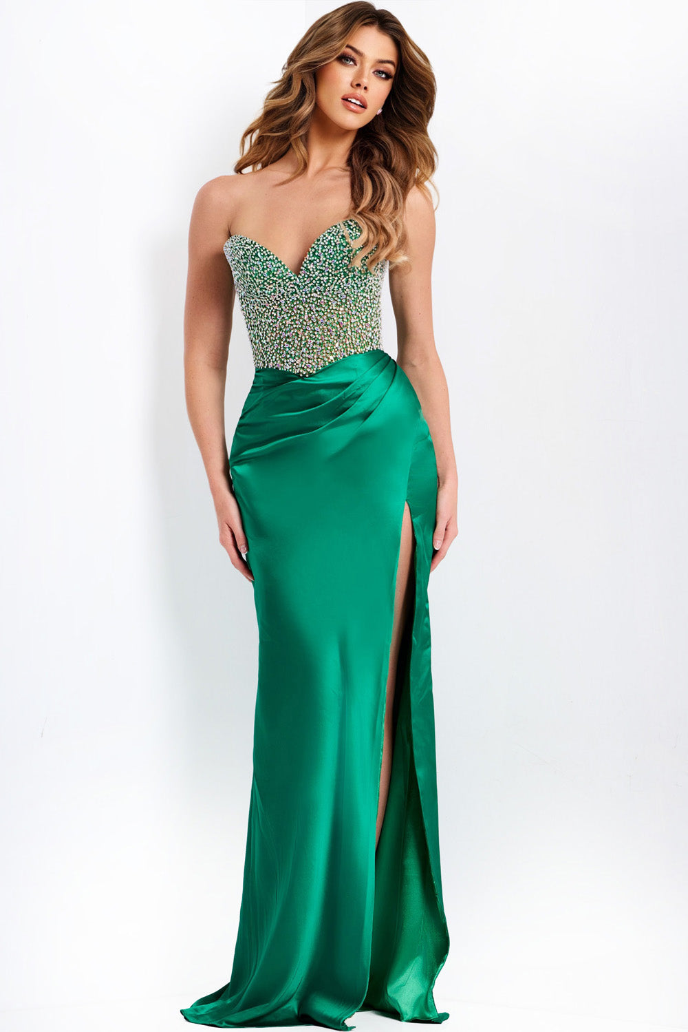 Jovani 42845 Emerald green mermaid prom dress with beaded sweetheart neckline and thigh-high slit.