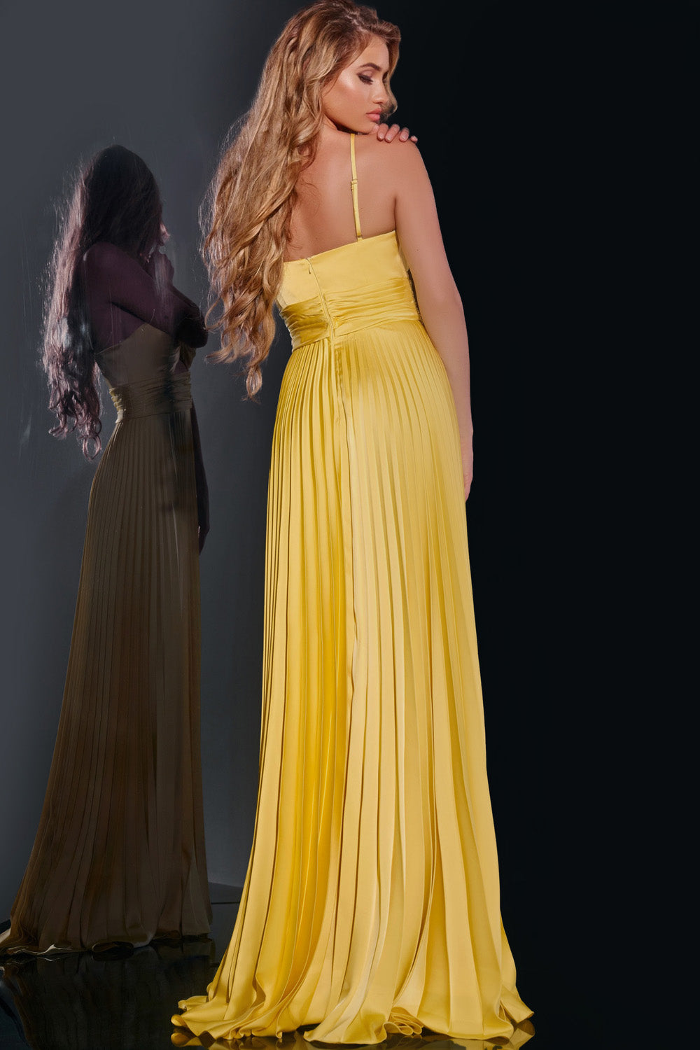 Jovani 42971 Yellow pleated formal gown with a corset back, back view.
