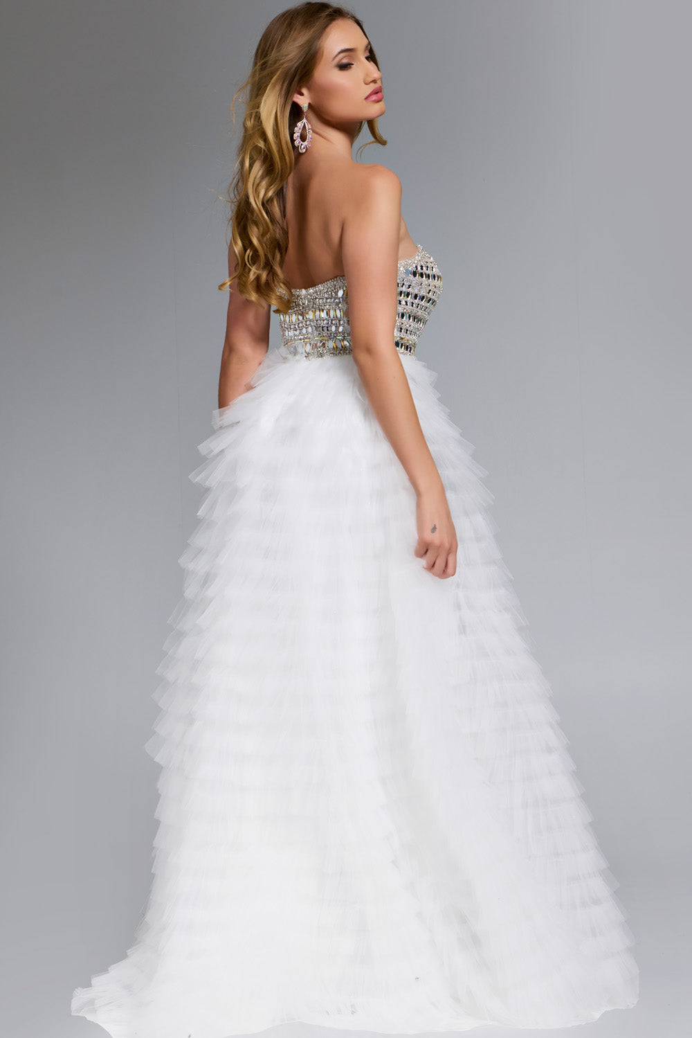 Jovani 43412 Off-white ballgown with beaded bodice and layered tulle skirt, back view prom dress.