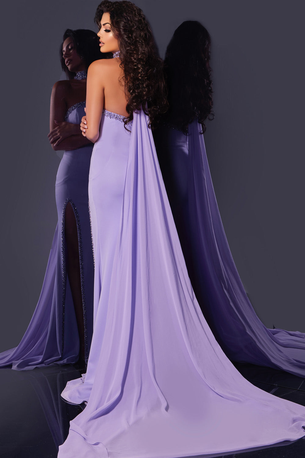 Jovani 43658 Lilac mermaid prom dress with a high slit and elegant train, back view.