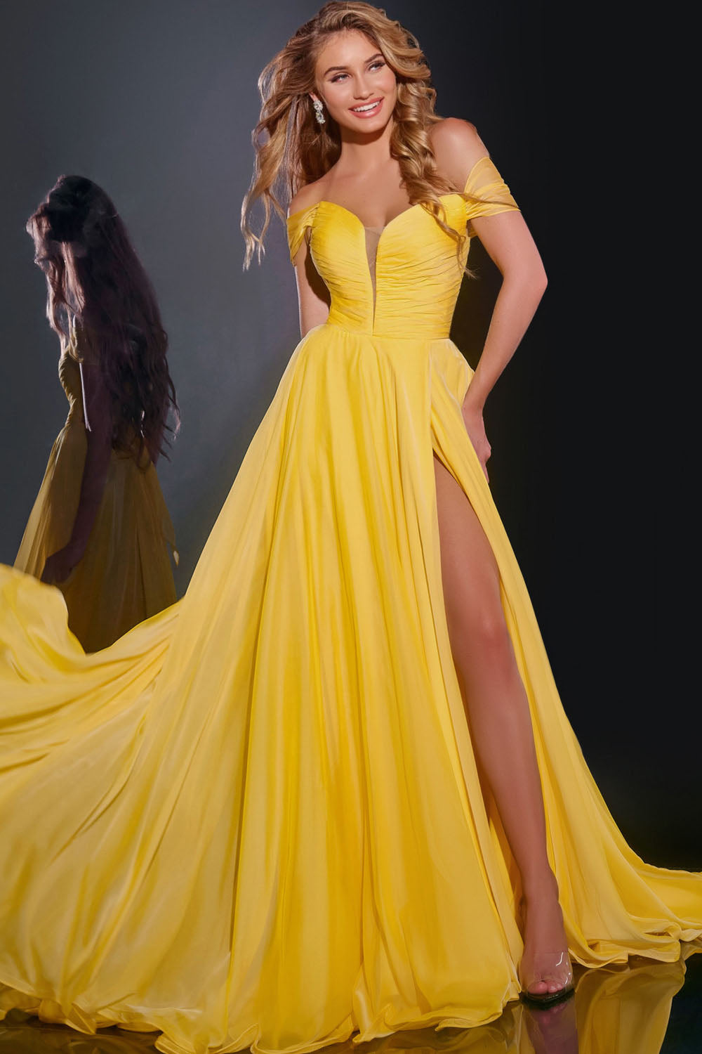 Jovani 43842 prom dress images.  Jovani 43842 is available in these colors: Yellow, Lilac, Navy.