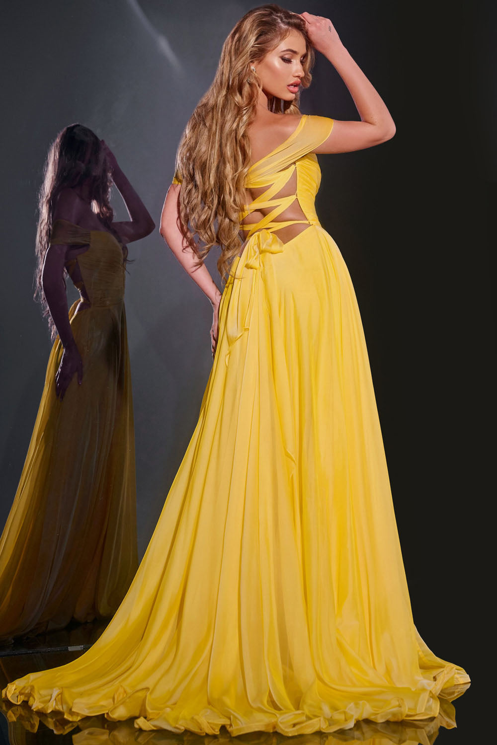 Jovani 43842 prom dress images.  Jovani 43842 is available in these colors: Yellow, Lilac, Navy.