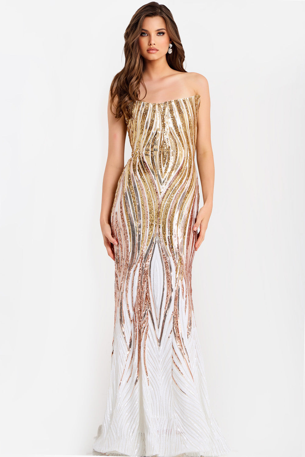 Jovani 43854 Strapless rose champagne formal gown with sequins and fitted silhouette.