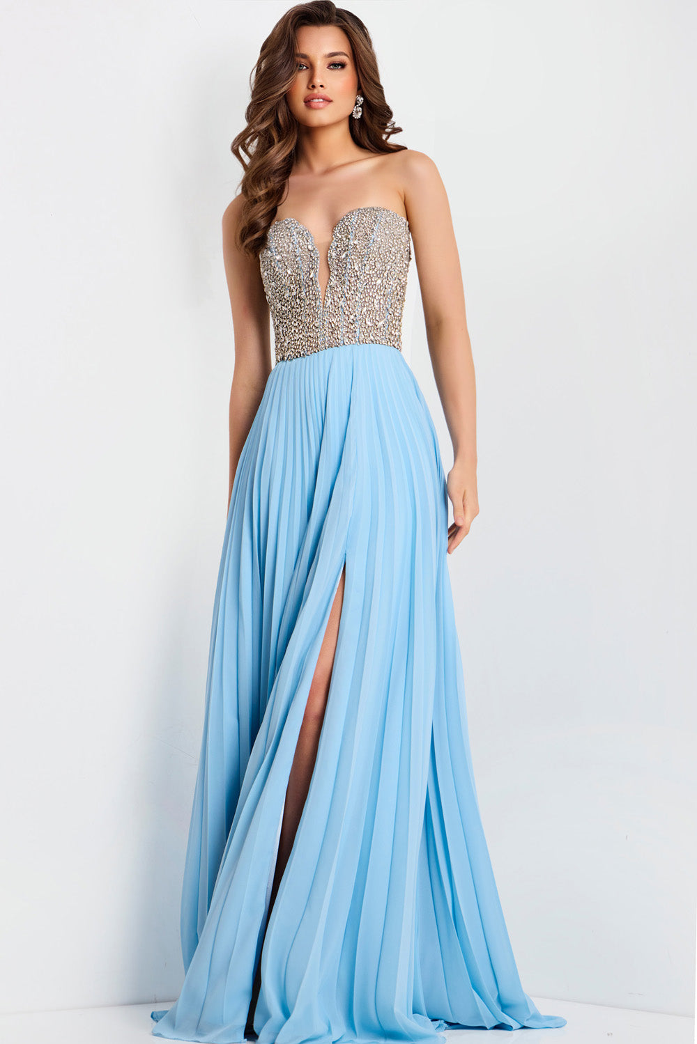 Jovani 44358 Light blue prom dress with a fitted bodice, beaded detail, and side slit.