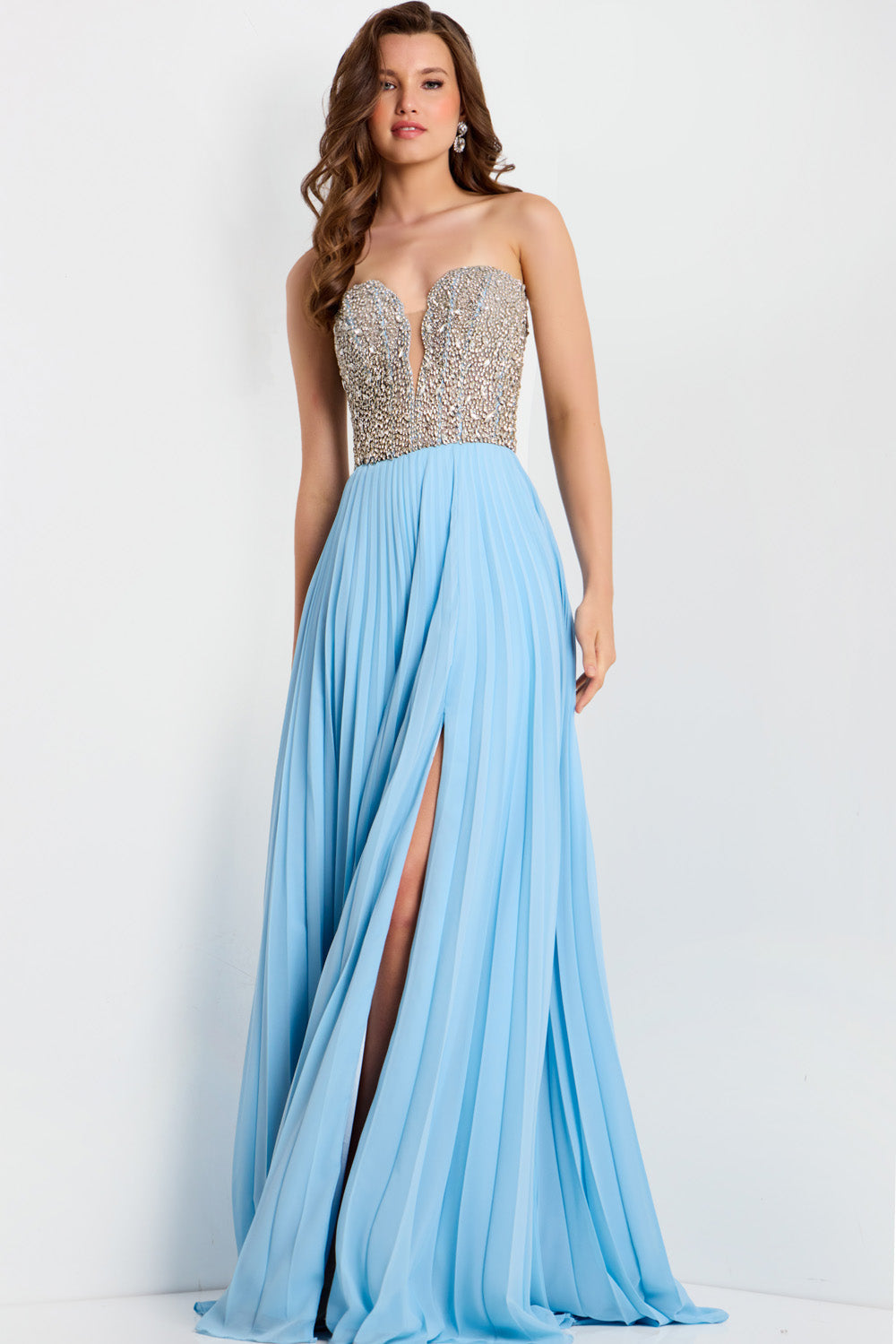 Jovani 44358 Light blue prom dress with a fitted bodice, beaded detail, and high slit.