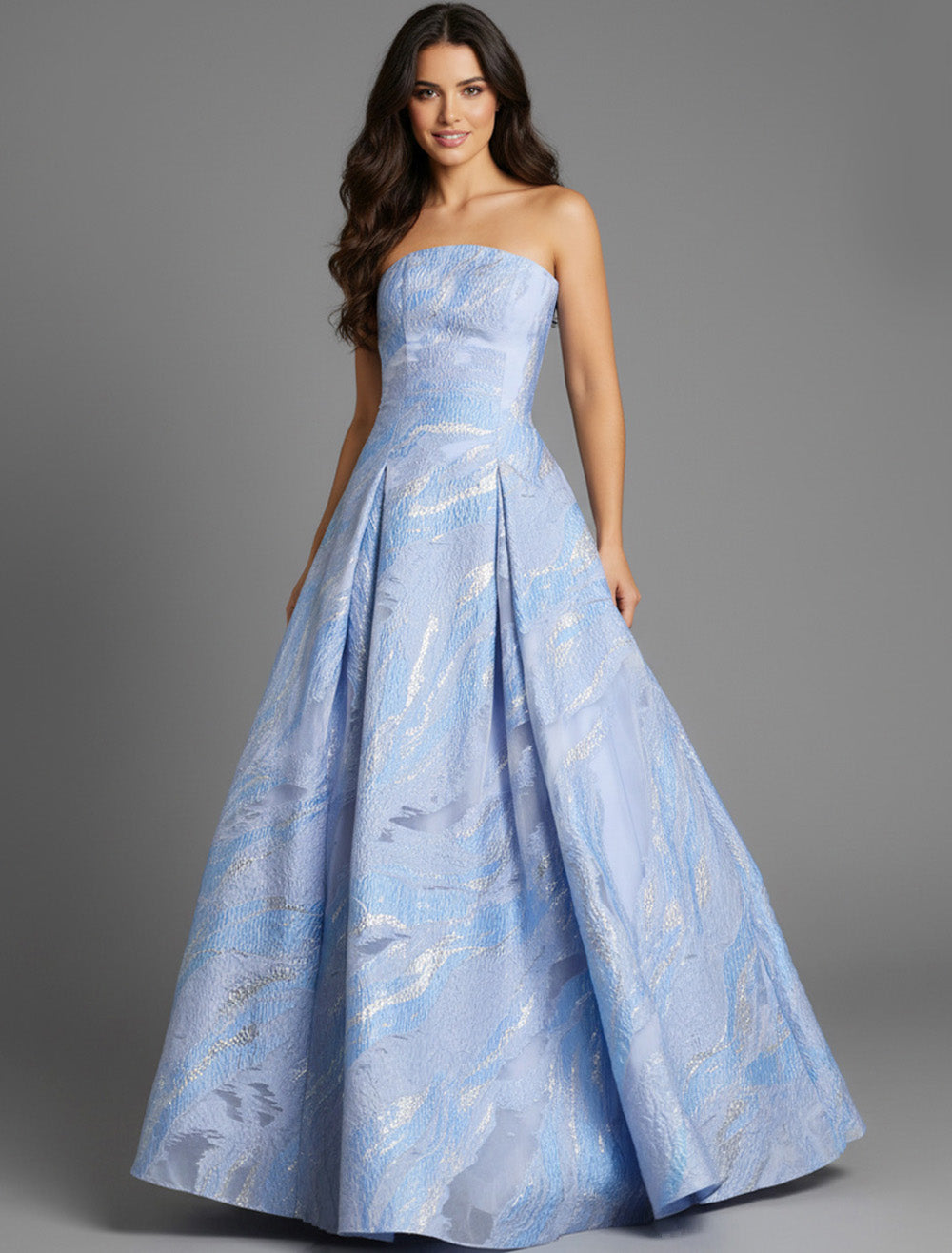 Jovani 44369 Strapless blue prom dress with a full A-line silhouette and elegant pleating.