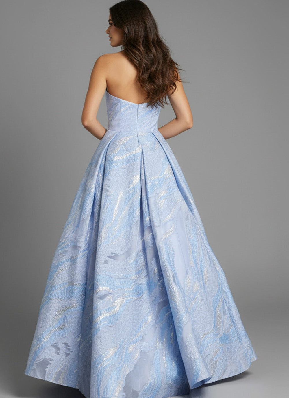 Jovani 44369 Blue ballgown with a stunning back view and elegant pleated skirt prom dress.