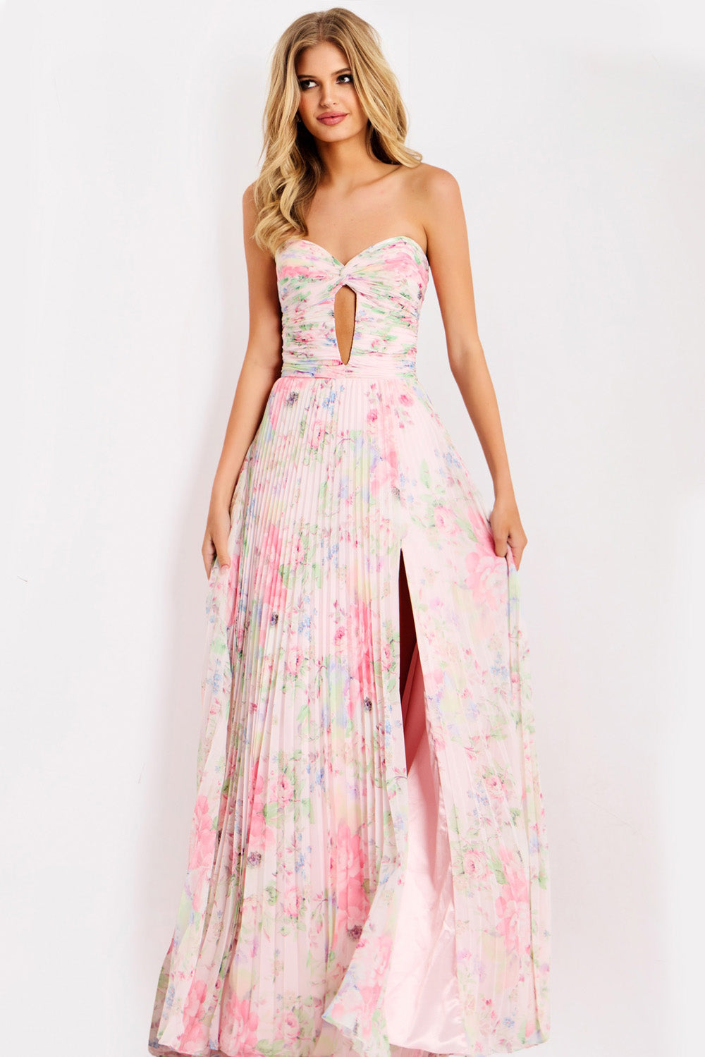 Jovani 44518 Pink floral prom dress with a fitted bodice and a high slit, front view.