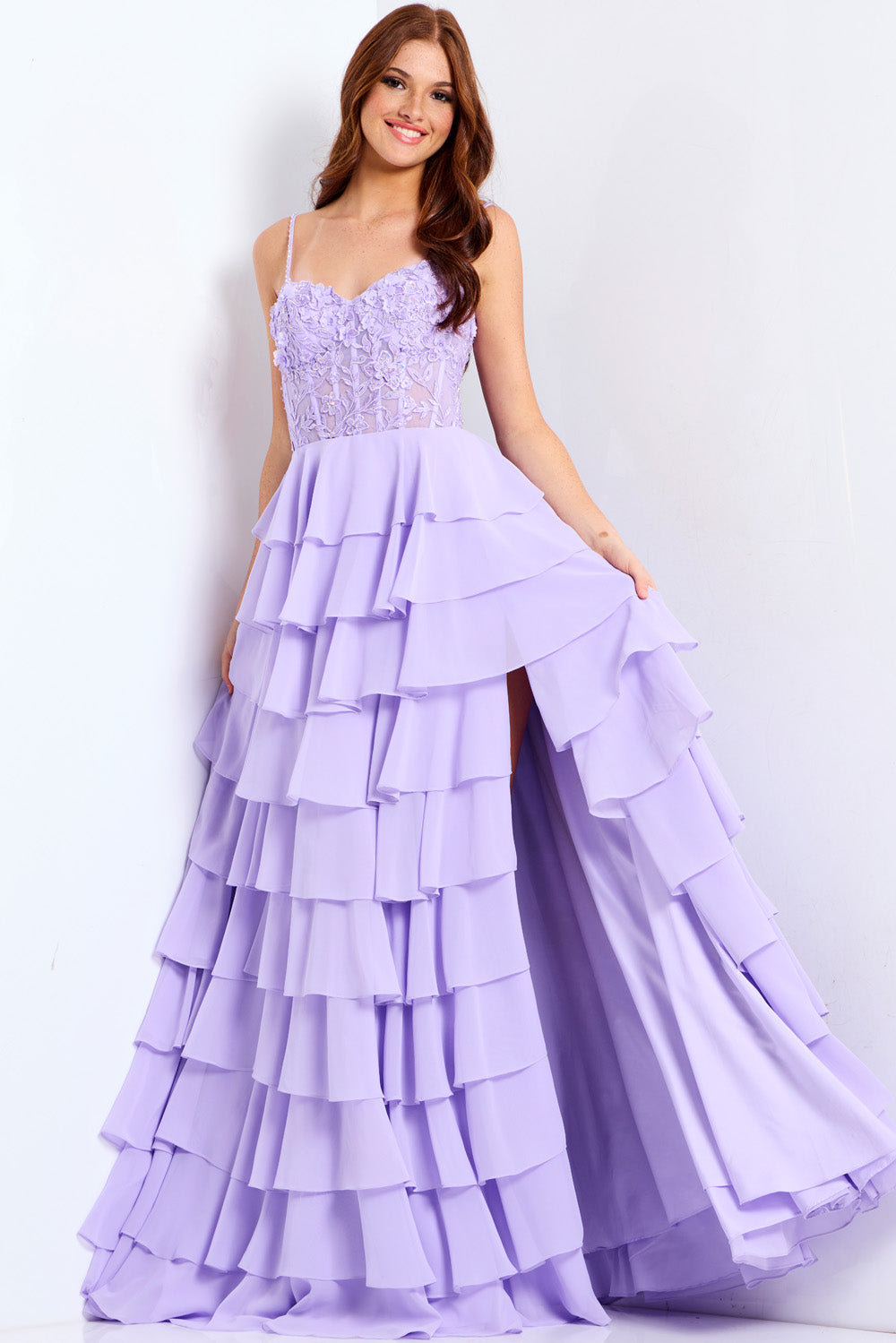 Jovani 44543 Lilac prom dress with a tiered skirt and side slit, featuring floral beading.