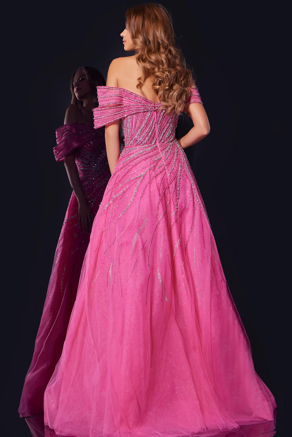 Jovani 45067 Fuchsia ballgown with off-the-shoulder sleeves and sparkling beading, back view prom dress.