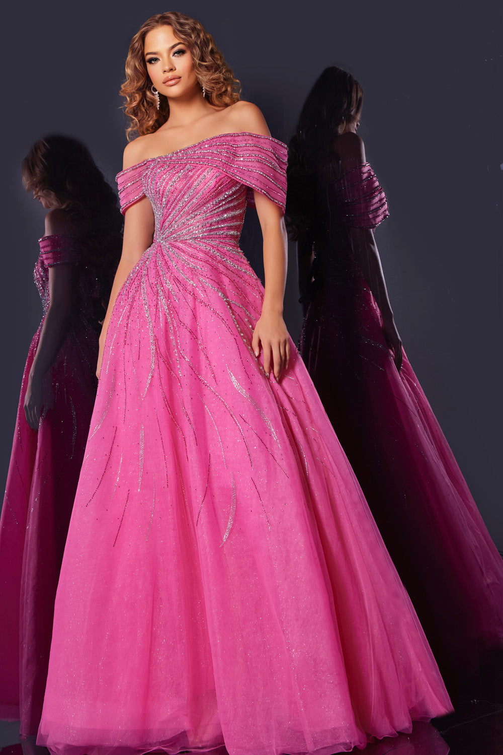 Jovani 45067 Fuchsia A-line prom dress with beaded detailing and off-the-shoulder sleeves.