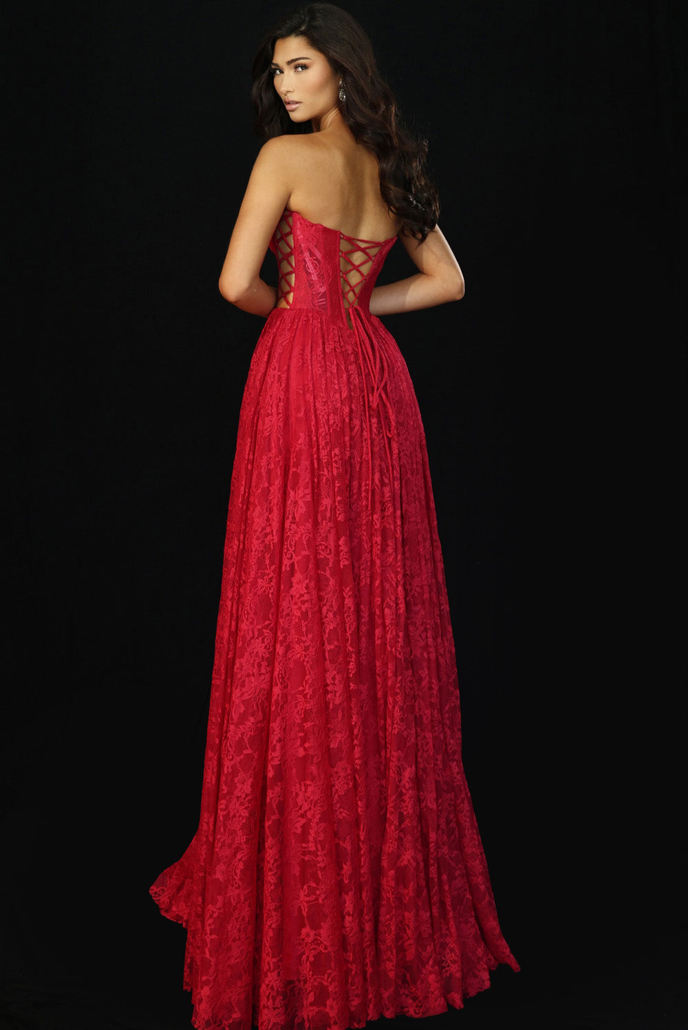 Jovani 45372 Red A-line prom dress with a lace-up back and floral detailing, back view.
