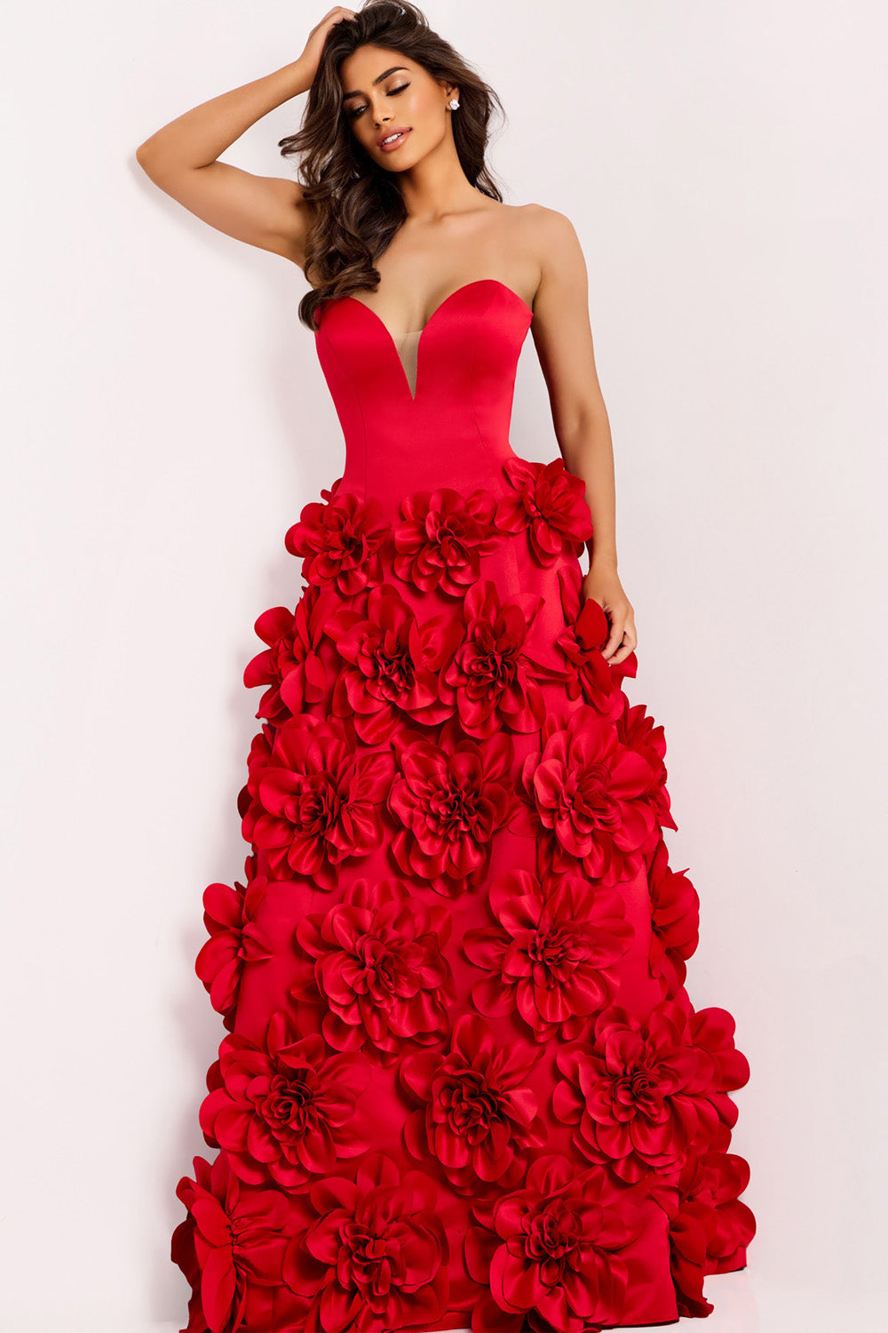 Jovani 45661 Red prom dress with a fitted bodice and floral embellishments, front view.