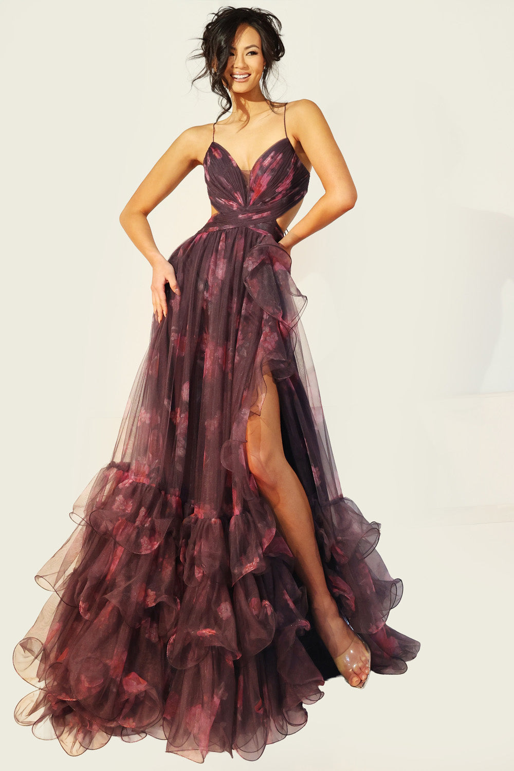 Jovani 45712 Black and red printed prom dress with a mermaid silhouette and high slit, front view.