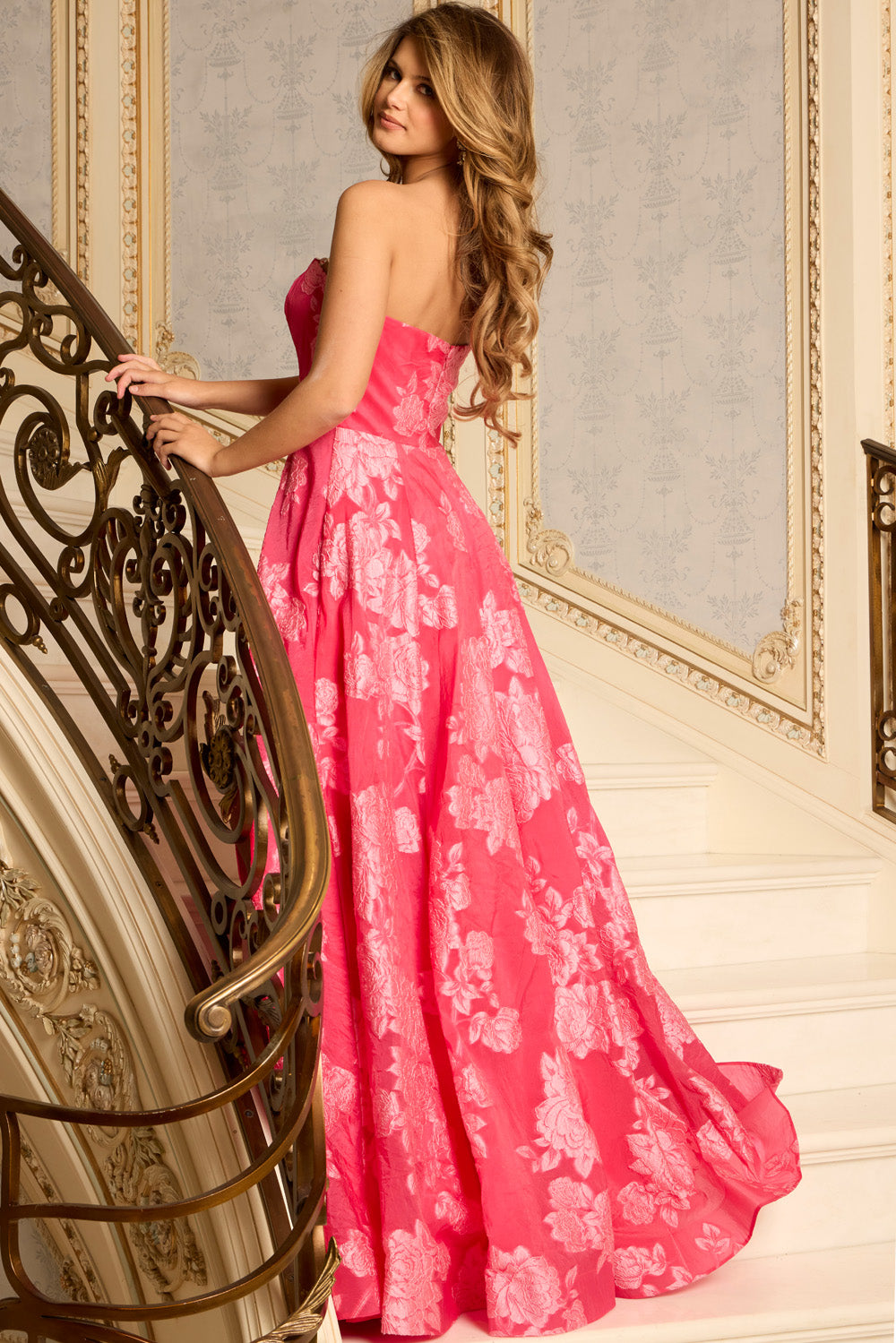 Jovani 45721 Fuchsia ballgown with floral print and a strapless design, back view prom dress.