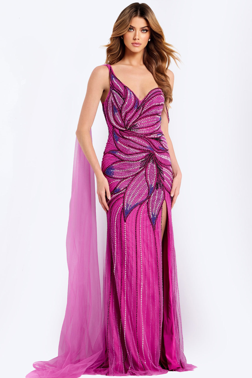 Jovani 45876 Fitted pink prom dress with a thigh-high slit and intricate beading, front view.