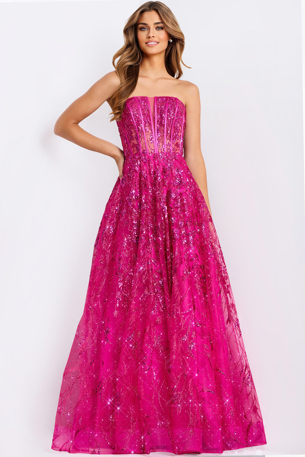 Jovani 45913 Strapless raspberry prom dress with sequins and a fitted bodice, front view.