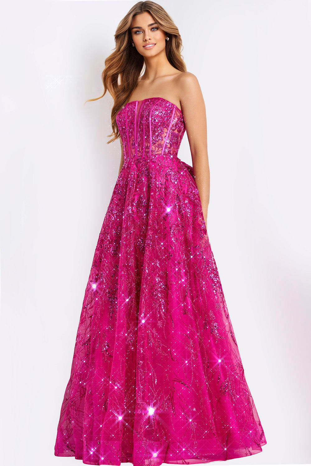 Jovani 45913 Strapless raspberry prom dress with a fitted bodice and sparkling sequins.