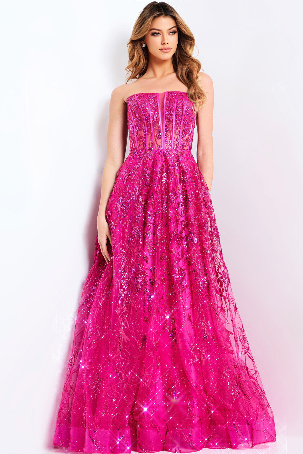 Jovani 45913 Raspberry A-line prom dress with sequins and a strapless neckline, front view.