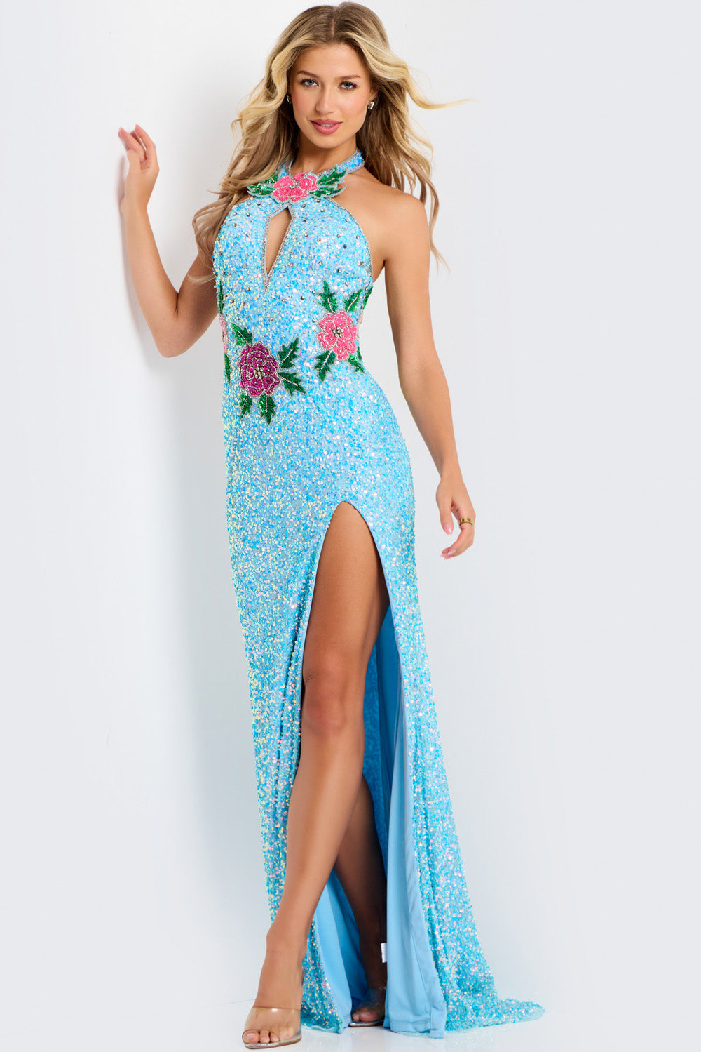 Jovani 46086 Light blue mermaid prom dress with floral beading and a thigh-high slit.