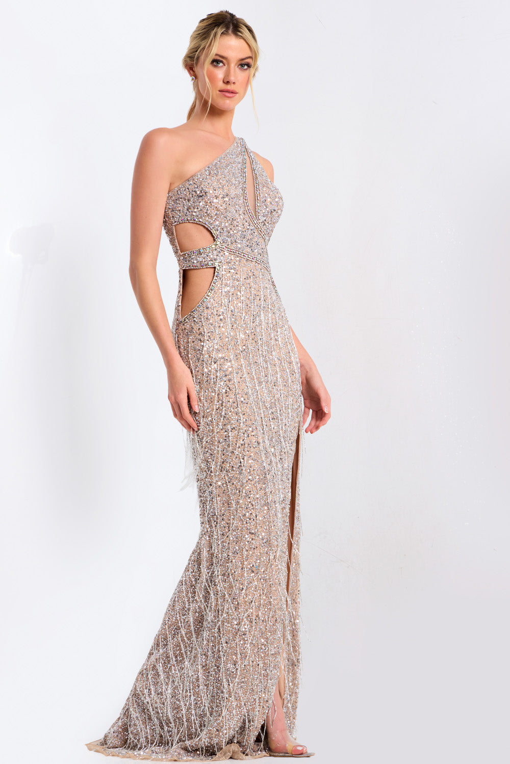 Jovani 46214 Nude mermaid prom dress with sequins and a side slit, front view.