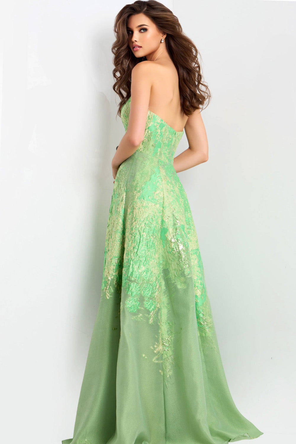 Jovani 46260 Light green formal gown with a fitted silhouette and stunning lace-up back, back view.