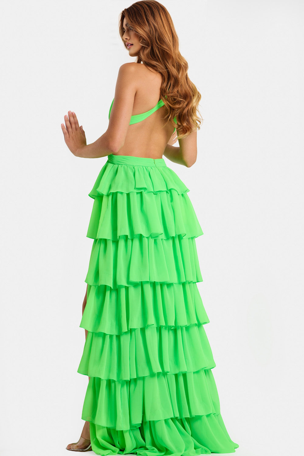 Jovani 46338 Lime green prom dress with a tiered design and a backless view.