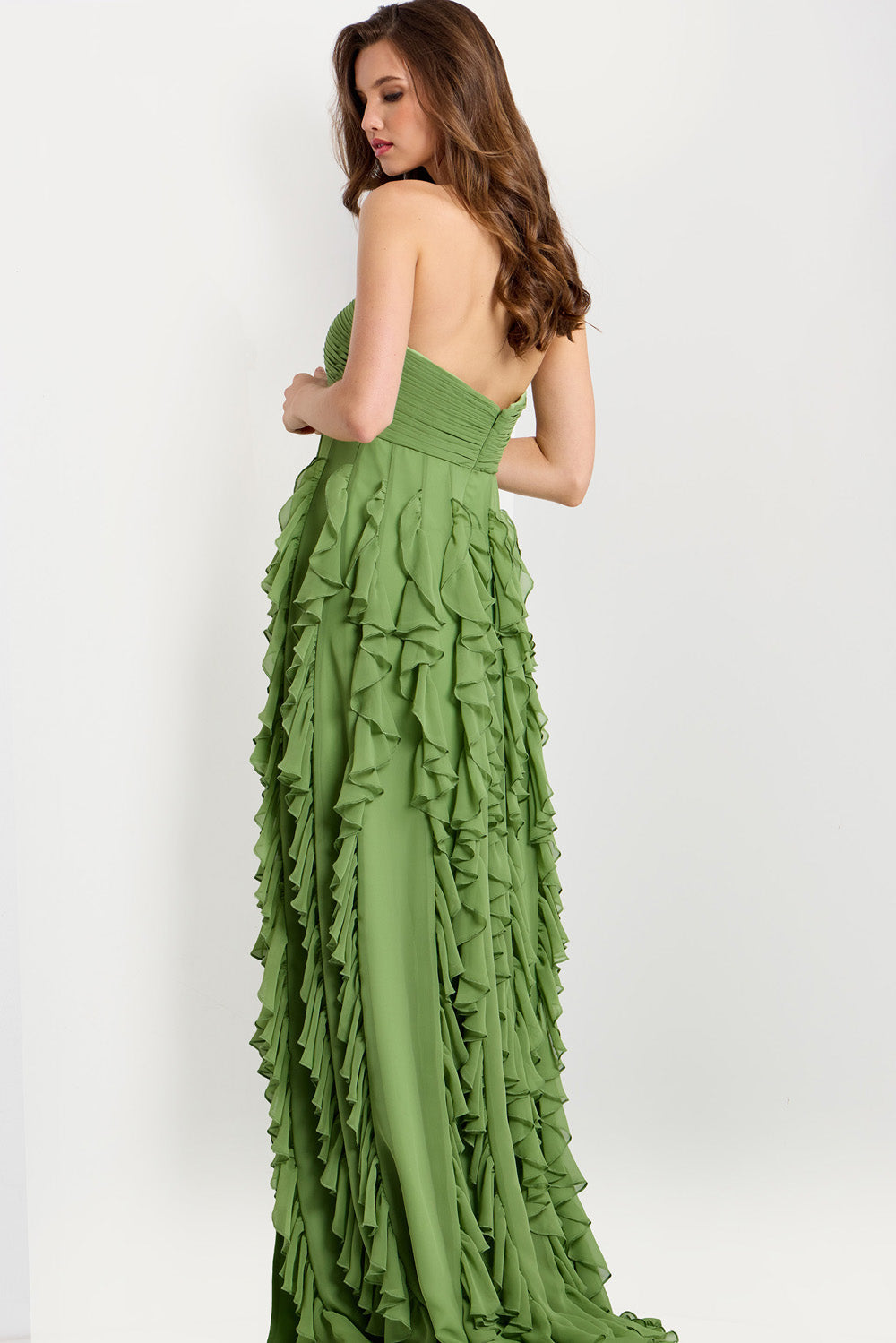Jovani 46379 Light green prom dress with ruffled layers and a strapless back view.