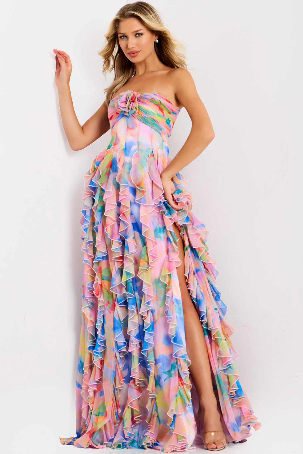 Jovani 46381 Colorful strapless prom dress with ruffles and a side slit.